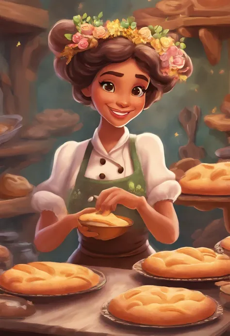 Create a Disney Pixar Poster. Uma mulher chef de cozinha, tem cabelos cor marrom escuro,  cabelos curtos, Is smiling happily, tem olhos marrons pequenos, usa brincos pequenos, tem pele branca. Shes making bread in a bakery and shes talking on her cell phon...