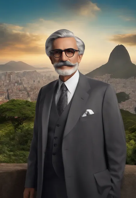 criar poster estilo Disney e pixar , 3D 54 year old man with glasses gray hair and gray mustache , e terno preto e gravata e camiseta branca , no fundo a cidade do rio de janeiro com o Cristo redentor ,