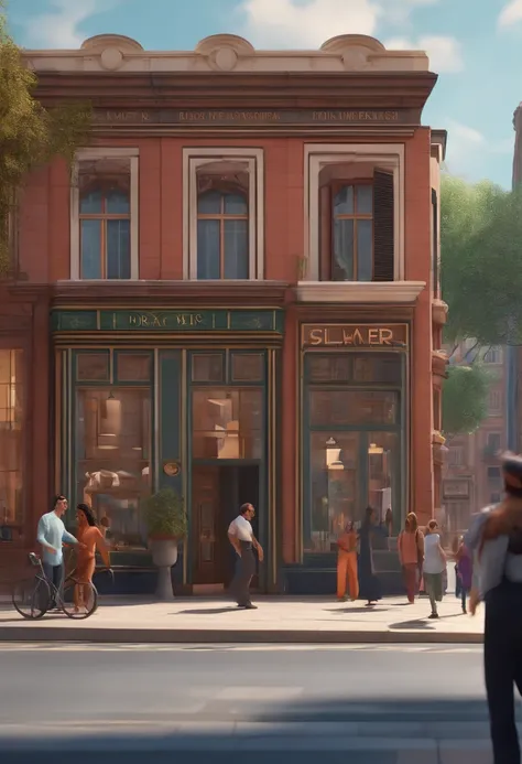 Pixar 3D-style drawing of a slimming clinic in the city center with a character in the foreground, homem de cabelo preto