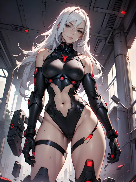 cyborg girl, red cybernetic leotard, anime style,  pale skin, totally black eyes, wide hip, extreme beauty, full body, ruin background --auto --s2