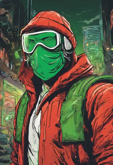 Drawing of a person wearing a santa claus hat and face mask, Detailliertes Gesicht mit Maske, expressive lines, Angry eyes, neon green eyes, Falten auf der Stirn, dark green painters suit, Hood of the suit tightly over the head of the face