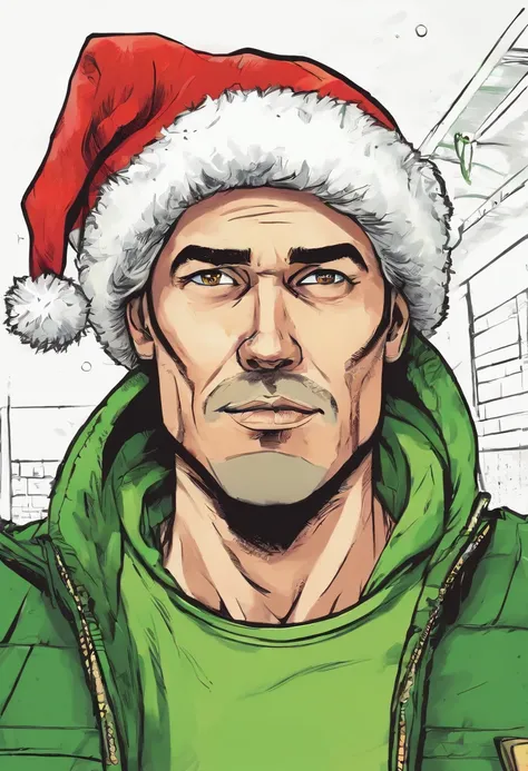 Drawing of a person wearing a santa claus hat and face mask, Detailliertes Gesicht mit Maske, expressive lines, Angry eyes, neon green eyes, Falten auf der Stirn, dark green painters suit, Hood of the suit tightly over the head of the face