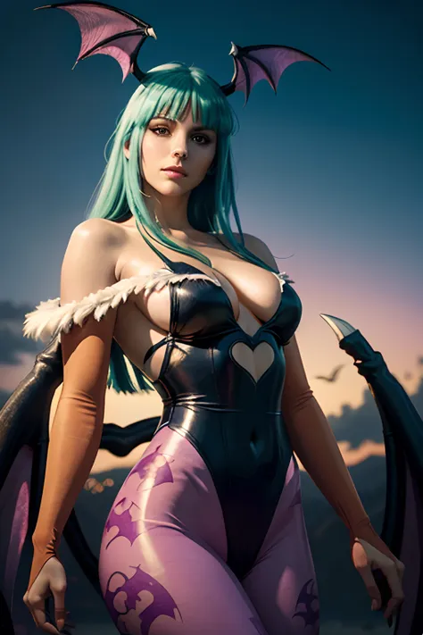 creative artist's impression of the morrigan aensland character from the game darkstalkers in hyper realistic style, with bat wi...