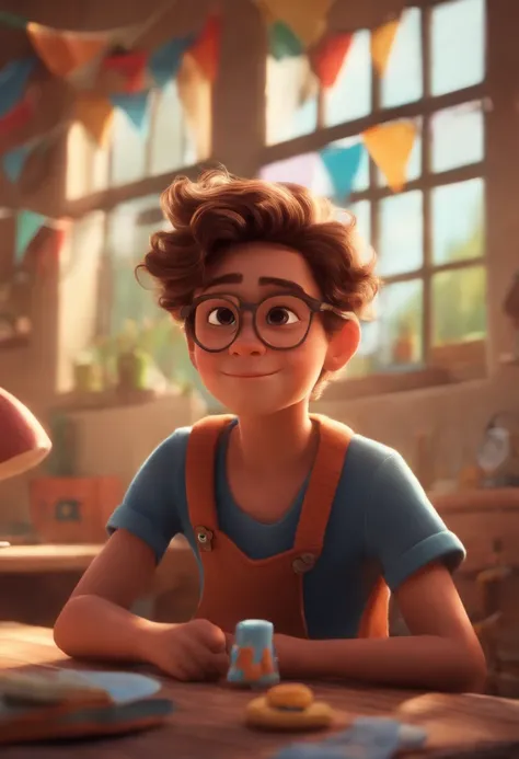 Image of a boy for a story in a YouTube video in Pixar format, Hes the little allabester, Hes the class leader, Hes outgoing, Playful and gets up for a lot of things, cabelo curto