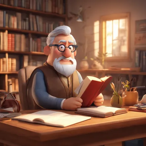 Crie um cartaz inspirado na Disney Pixar com o personagem sendo o pastor Rubens Janier, A gray-haired man wearing glasses, in an office with a Bible on the table doing a report