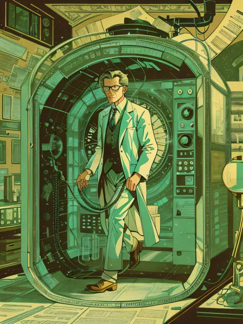 A scientist stepping out of a time machine, illustration style