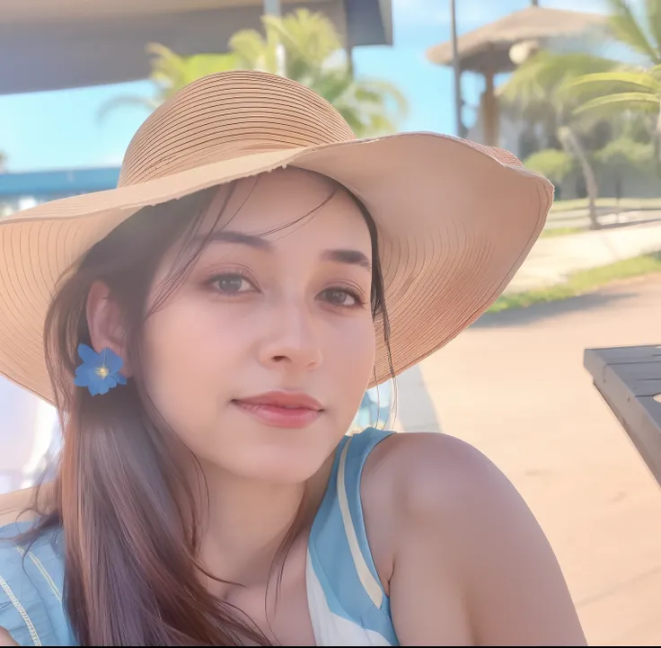 Woman wearing a hat and a blue dress sitting on a bench, 3 2 anos, 3 6 anos, 38 anos, Mulher de 30 anos, 3 0 anos de idade mulher, imagem de perfil, 3 5 year brazilian mother, Directed by: Nandor Soldier, 35 anos, 3 5 anos, wearing a travel hat