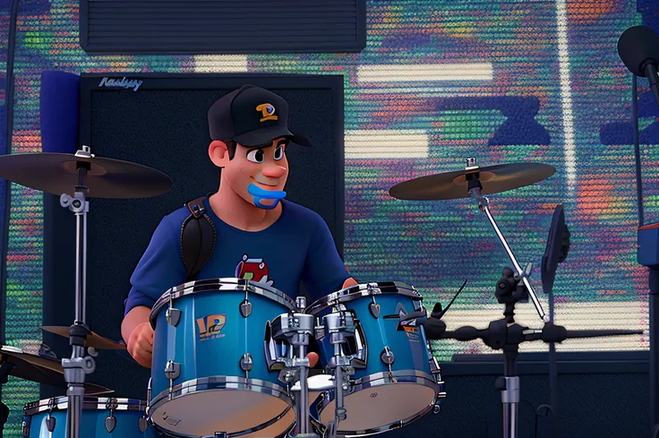 Um homem  tocando bateria no estilo disney pixar, alta qualidade, melhor qualidade