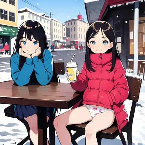 (masterpiece:1.2, best quality), 2girls, petite, young teen 10yo, slim, colorful down jacket, school skirt, (childrens print panties), long hair, smile, sitting in street cafe, spread legs, drink coffee, winter, snow, white, bright, watercolor