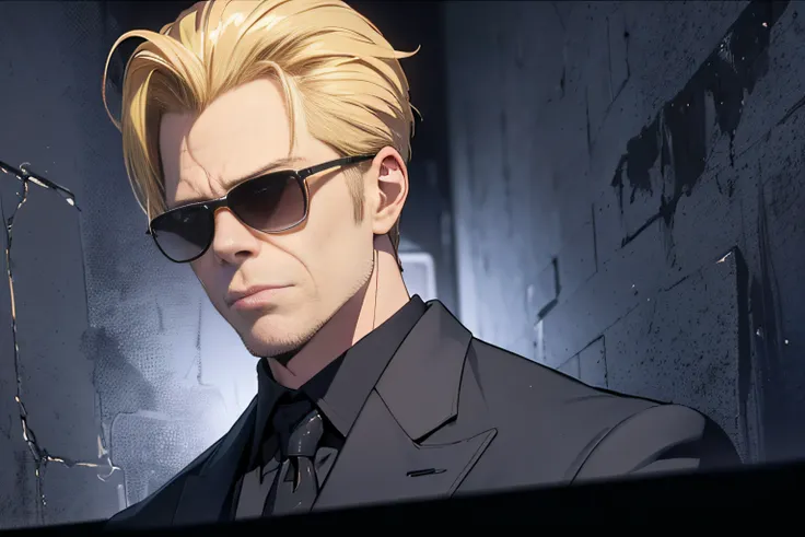 ((best quality)), ((masterpiece)), (detailed) fan art of evil blond man (Guy Pearce) in a pitch black suit emerging from the shadows, blond ((Guy Pearce)) stepping into the light towards the camera, Guy Pearce, the matrix (1999), square sunglasses, night, ...