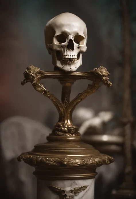 A closeup of a white skull head on a pedestal, bone scepter, skull cane, skull bust, alien skull, holding a skull staff, skull head, copo da morte, fantasy skull, medonho, arte macabra de stanat cavado, just one head, monstrous skull, Pill Head, Vecna de S...