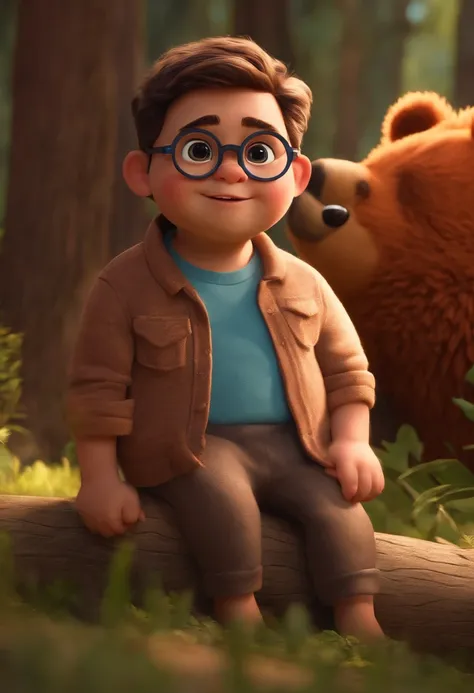 Menino estilo desenho animado, Pixar, wearing round glasses, segurando um urso de pelucia, roupa de escoteiro,