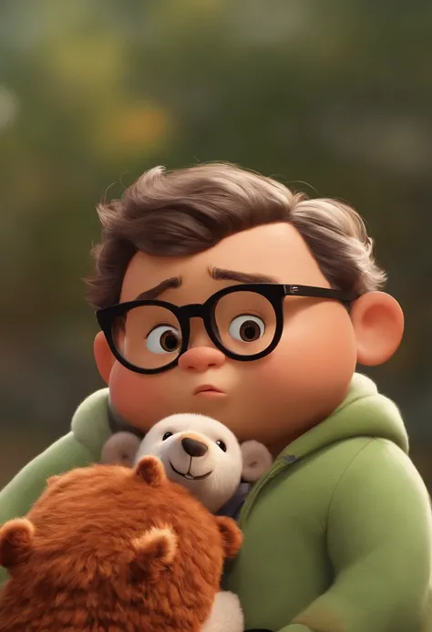 Menino estilo desenho animado, Pixar, wearing round glasses, segurando um urso de pelucia, roupa de escoteiro,