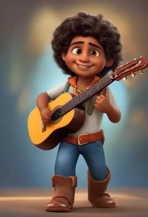 crie um banner no estilo Pixar. A boy with Indian features, moreno pardo com cabelos curtos, Castanhos escuros, Curly and slightly grayish appearance, mas jovem, usando uma camiseta, Wearing jeans and holding a classical guitar with 7 strings.