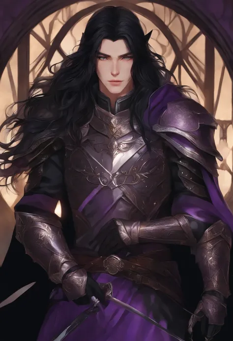 Black-haired guy with purple eyes and long shoulder-length hair. It has cat ears, He is dressed in armor