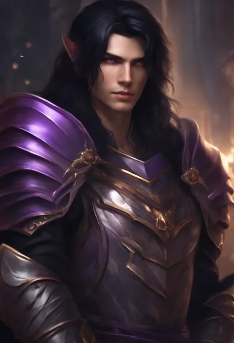 Black-haired guy with purple eyes and long shoulder-length hair. It has cat ears, He is dressed in armor