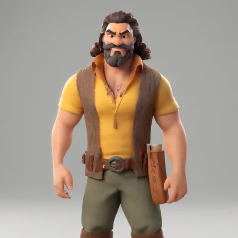 Criar um personagem no estilo Pixar. Trata-se de um homem de 37 anos, inspirado no ator Jason Momoa, serious look, com barba, Branco, com cabelos castanhos curtos e um quiff, olhando de frente para camera, com olhos castanhos, estilo Disney Pixar 3D,