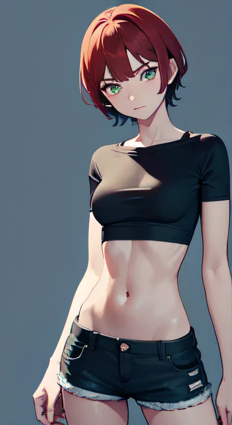 a 1girl, Green eyes, Skinny, short, Black T-shirt, blue shorts, redhead hair, Short Hair Hair, Beautiful figure, beatiful face, 18 years, Correct anatomy, pretty eyes, in full height.