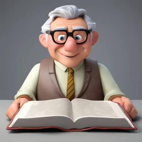 Crie um cartaz inspirado na Disney Pixar com o personagem sendo o pastor Rubens Janier, A gray-haired man wearing glasses, in an office with a Bible on the table