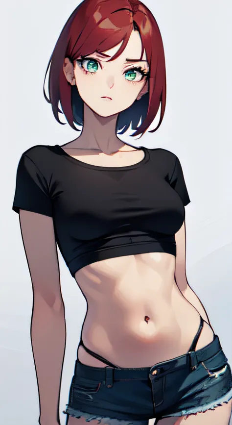 a 1girl, Green eyes, Skinny, short, Black T-shirt, blue shorts, redhead hair, Short Hair Hair, Beautiful figure, beatiful face, 18 years, Correct anatomy, pretty eyes, in full height.