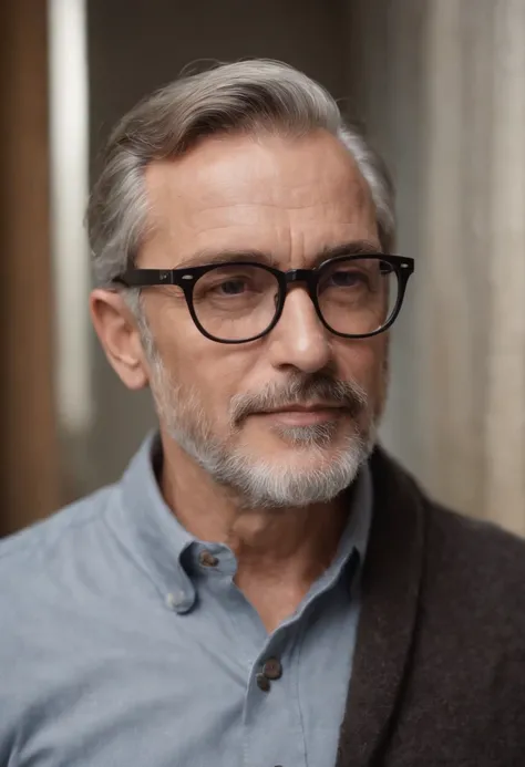 Um homem, 60 anos, cabelos e barba grisalhos, wearing glasses looking at a dream project inspired by Pixar animation, de perto. The character takes center stage with captivating facial expressions, oferecendo um toque de irrealidade