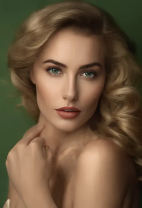 Realistic masterpiece, Photo of half of a womans body MyNataLee with (seins naturels : 1.1) portant un chemisier vert, cheveux blonds en chignon, yeux bleus, beau visage, femme la plus chaude du monde, photoreallistic, PhotoStudio Quality, 8k, Very detaile...