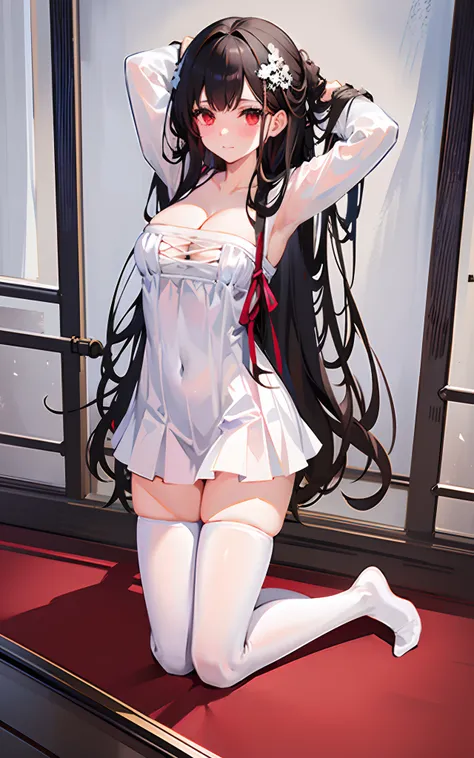 masterpiece,1girl,solo,black hair,white dress,cleavage, white thighhighs,(kneeling:1.3),(bound arms, ),bondage,shibari,rope,bound, blush,light smile, arm up, closed mouth, torn clothes,