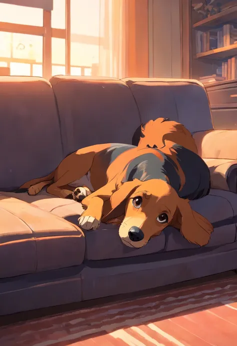 Elderly black and caramel daschound dog lying on sofa Pixar style