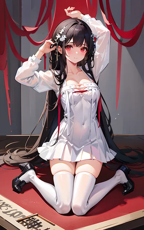 masterpiece,1girl,solo,black hair,white dress,cleavage, white thighhighs,(kneeling:1.3),(bound arms, ),bondage,shibari,rope,bound, blush,light smile, arm up, closed mouth, torn clothes,