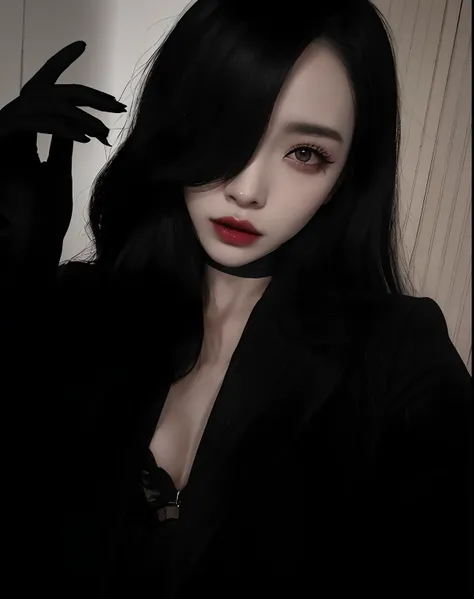 mulher arafed com cabelo preto longo e uma jaqueta preta, cruel korean goth girl, Ulzzang, goth girl aesthetic, Xision Wu, dilraba dilmurat, com preto, iu lee ji-eun as a super villain, Xintong Chen, vestindo um terno nobre preto, Wenfei Ye, pale goth beau...