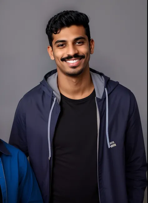 Homem sorridente em uma jaqueta azul e camisa preta com bigode, Jayison Devadas, mutahar rindo, Foto de perfil, inspirado em Narayan Shridhar Bendre, Condutor de Ene, Mohamed Chahin, retrato de perfil, homem sorridente, Macho sorridente, basic background, ...