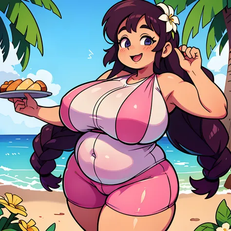 A very chubby woman, enormous belly, Hawaii native, big smile, very large legs. Long beautiful braided hair with flowers in the hair, working at a seaside cafe. Fat people in the background, enjoying their meals.