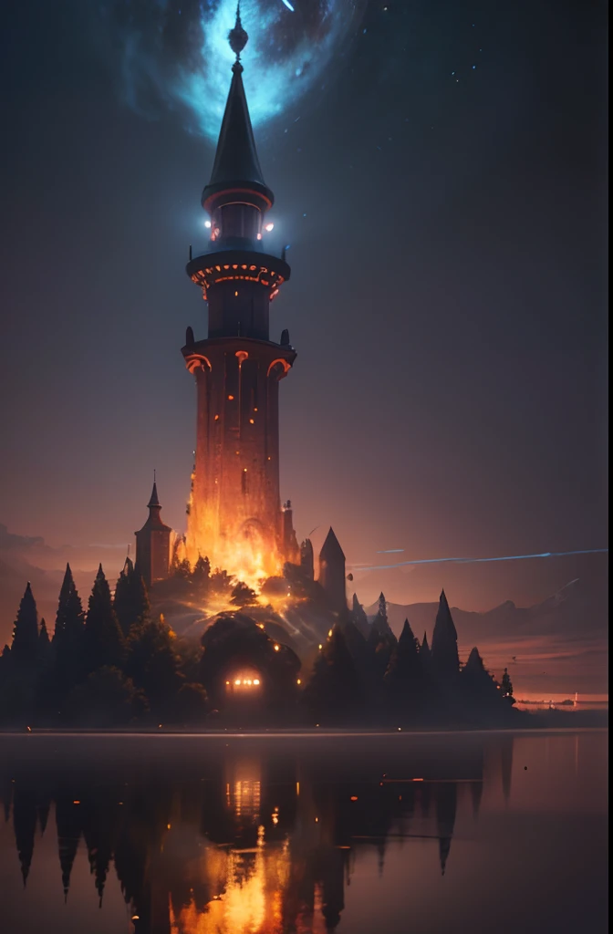 low angle shot of an enchanted round tower lit by a big warm ball of fire at the top and filled with hundreds of old books all the way to the top. (best quality,4k,8k,highres,masterpiece:1.2),ultra-detailed,(realistic,photorealistic,photo-realistic:1.37),H...