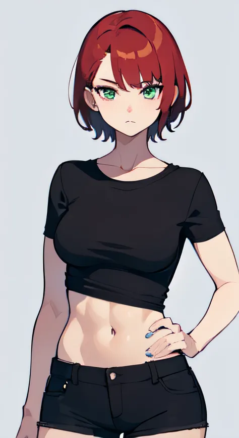 a 1girl, Green eyes, Skinny, short, Black T-shirt, blue shorts, redhead hair, Short Hair Hair, Beautiful figure, beatiful face, 18 years, Correct anatomy, pretty eyes, in full height.