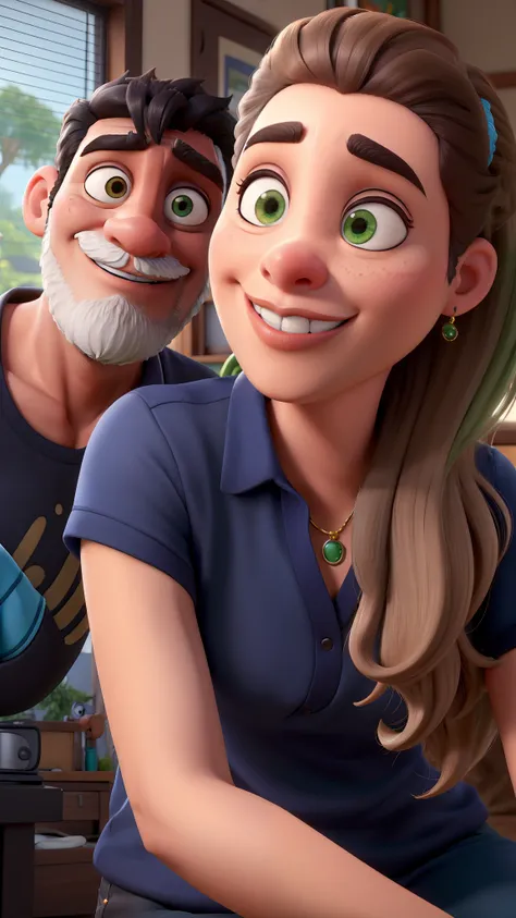 Um casal de pele branca mulher apoiada no homem a sua esquerda, barba preto, bigode preto, cabelo preto, olhos pretos, cabelo preto, olhos verdes, estilo Disney pixar , alta qualidade, melhor qualidade