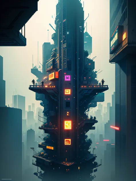 Very strong Pixel art style, shooting, cyberpunk, panoramic shot, very intricate, hyper-detailed, masterpiece, 4k, neon and dynamic lighting, colorful, made by Aaron douglas, dystopian and melancholic atmosphere.