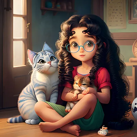 Child with long curly hair, disney pixar, olhos castanhos e oculos com gato, coelho e porquinho da india.