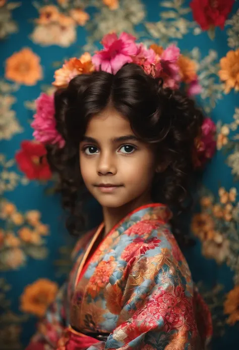 menina: Leticia, aproximadamente 12 anos de idade, cabelo longo estilo Disney, olhos castanhos e sorrisos, com kimono.