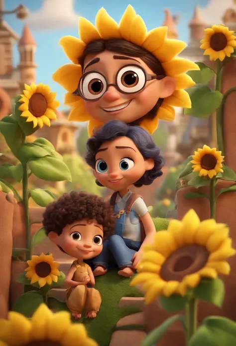 Create a Disney PIXAR-style 3D poster. ((centro da imagem, Triplets)), ((3 children)) ((1 menino no meio e 2 meninas ao lado, Theyre hugging each other, O menino tem pele castanha e cabelos castanhos escuros e olhos castanhos escuros, 1 menina tem pele cla...