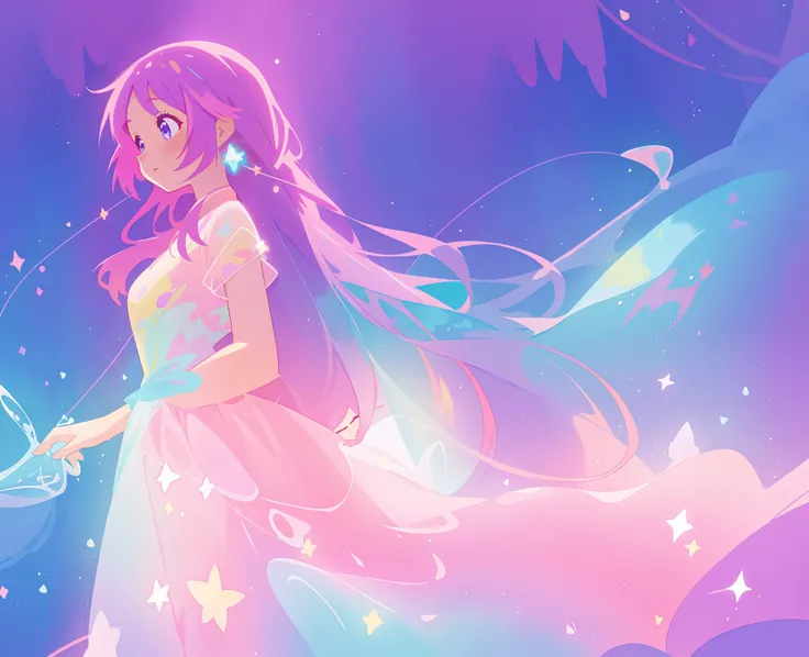 beautiful girl in colorful sparkling flowing ballgown, long flowing purple pink hair, colorful sparkling lights, flowing liquid theme, colorful fantasia background, watercolor illustration, disney art style, glowing aura around her, glowing lights, beautif...