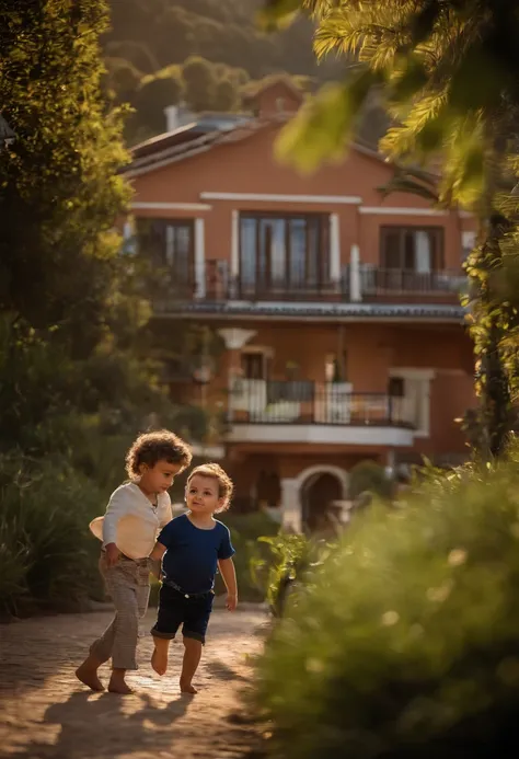 menino: Miguel, aproximadamente 5 anos de idade, cabelo curto estilo Disney, olhos castanhos e sorrisos. garota: Giovana, 2 anos, longos cabelos pretos e olhos azuis. scenecy: Miguel and Giovana are in a cozy little house in the valley, ao fundo um dia ens...