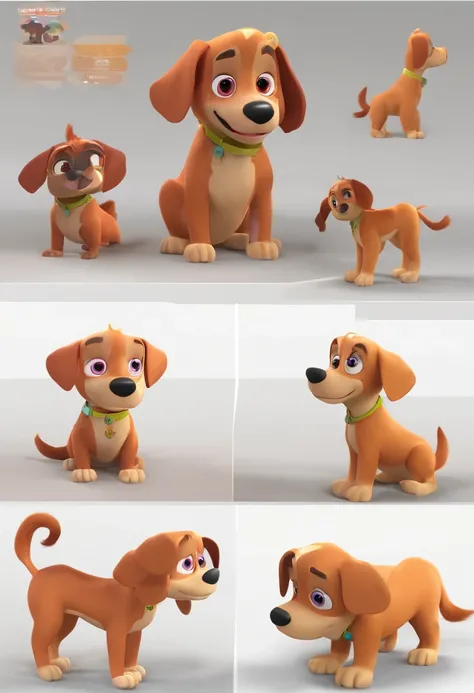 Estilo Pixar: a female dog, marrom com manchas nas patas e no peito brancas, pisncher, brincando com um macaco de pelucia roxo na boca, com cara feliz. Dia com sol.