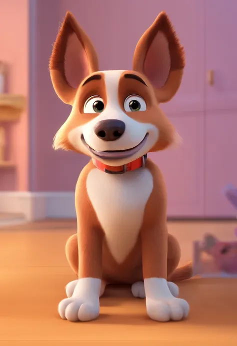 Estilo Pixar: a female dog, marrom com manchas nas patas e no peito brancas, pisncher, brincando com um macaco de pelucia roxo na boca, com cara feliz. Dia com sol.