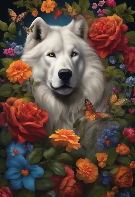 Lobo com adesivo de flores coloridas