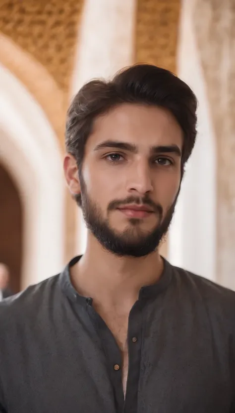 um homem de 20 anos com barba, Looking at the camera in the mosque.