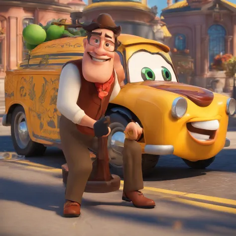 Crie um cartaz inspirado na Disney Pixar com o personagem sendo o pastor Rubens Janier, Um homem de cabelos grisalhos 45 anos em uma loja de vidros automotivos