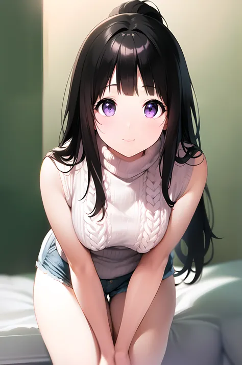 (a superb exquisite chitanda eru), purple eyes, long black hair, natural straight hair, straight bangs, solo, (small_breasts: la...