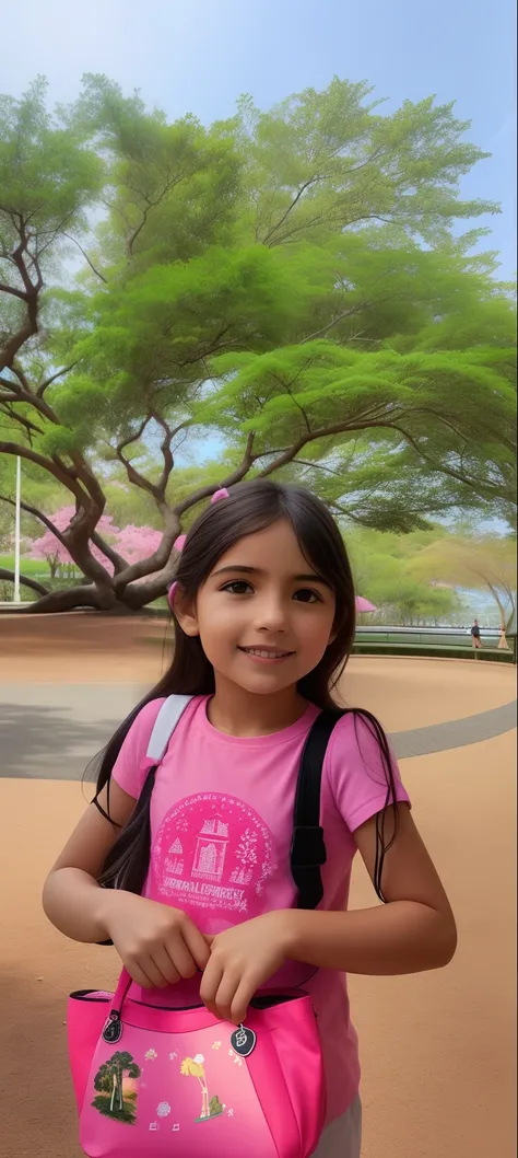 Girl in pink shirt holding a pink bag in front of a tree, em um parque, Nivanh Chanthara, em um parque e ao lado de um lago, em um parque, Tiro na Nikon Z9, Tomado com Sony Alpha 9, Parque em segundo plano, imagem retrato, com um parque nos fundos, com um ...