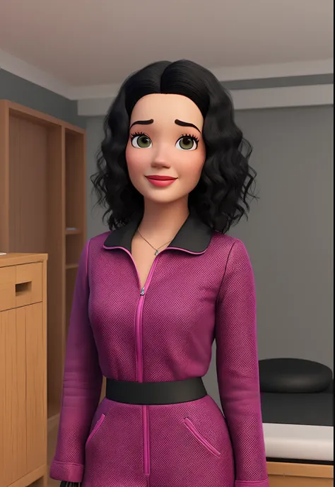 3D Pixar-style image of a woman in her 30s with short, wavy black hair, and black eyes. Shes wearing a dark pink outfit, standing in front of a massage table.