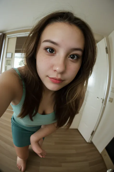 a selfie of a smart young woman, taken with fish eye camera